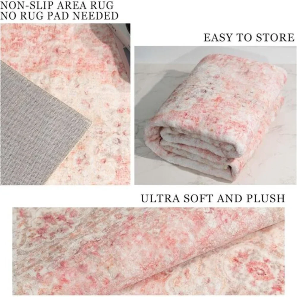 New 3x5 Pink Area Rug, Washable, Non-Slip Vintage Distressed Carpet for Bedroom